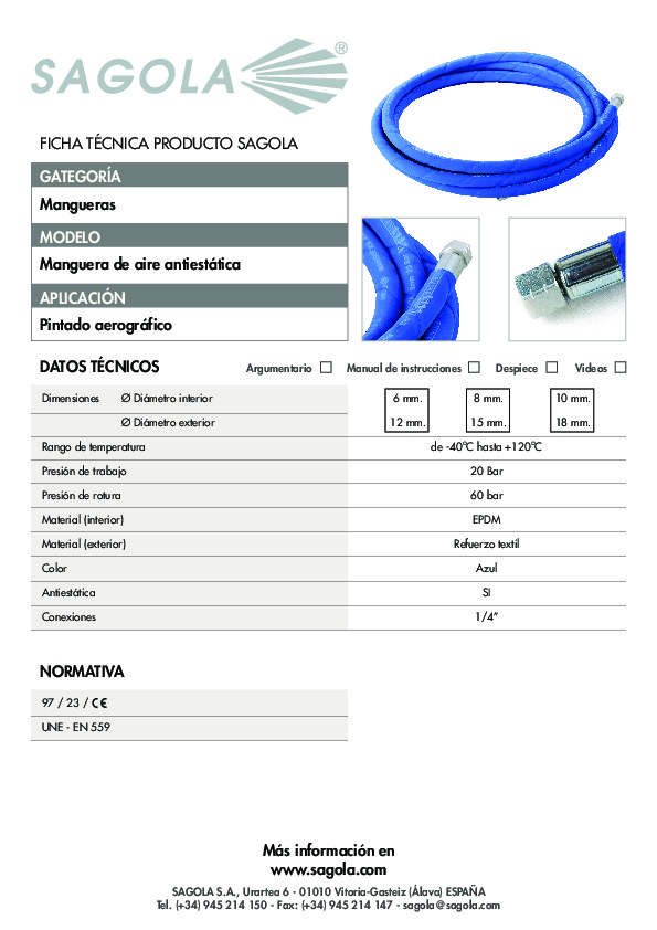 Ficha técnica Manguera de aire anti-estática