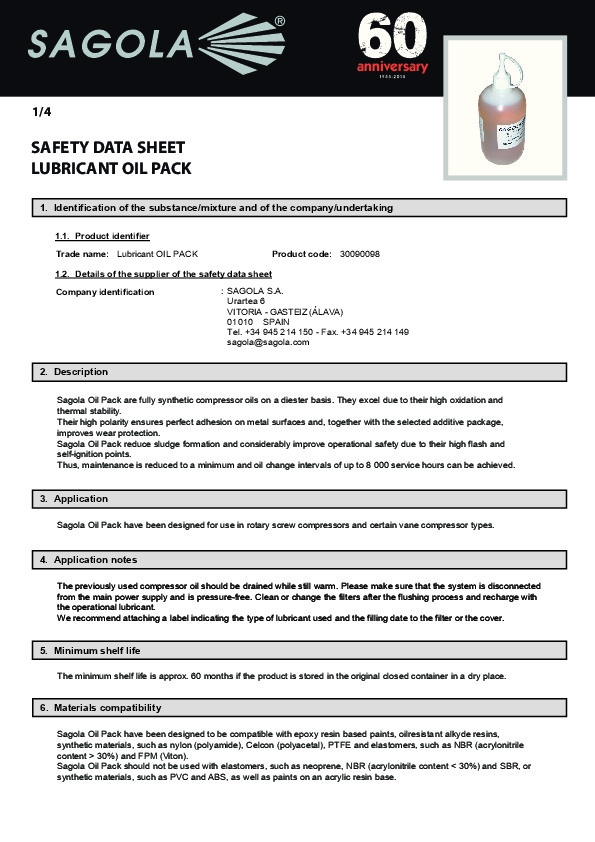 Safety data sheet Lubricant Oil Pack